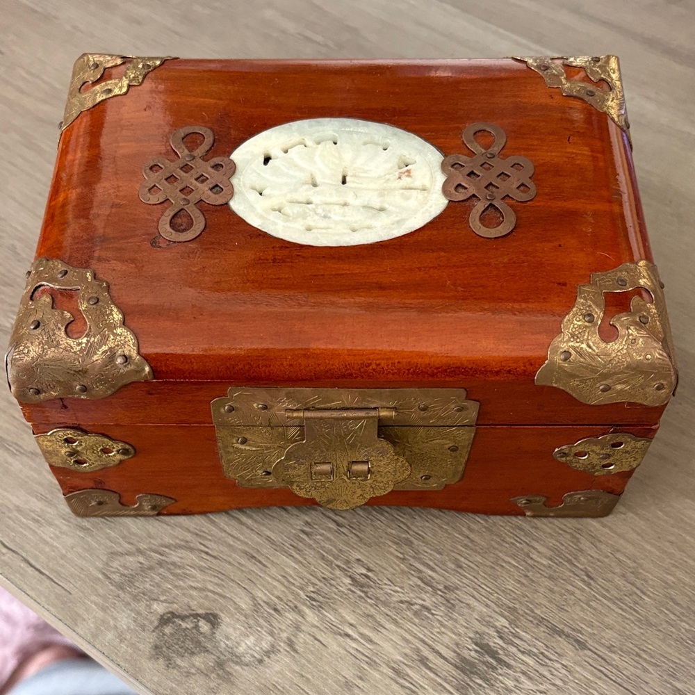 Vintage Wooden Jewelry Box with Brass and ivory Accents